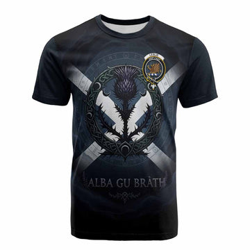 Leslie Clan Crest Cotton T-shirt with Celtic Knot Thistle and Saltire