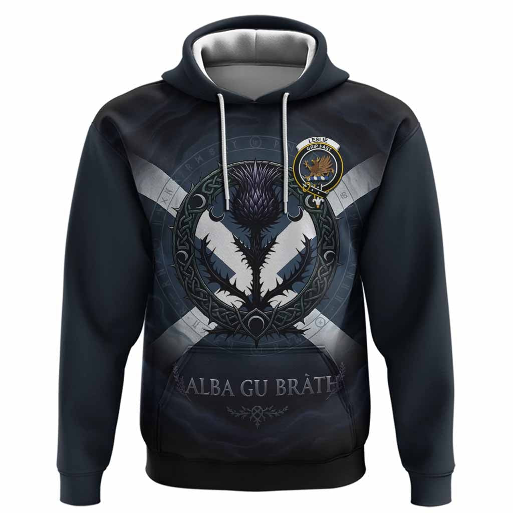Leslie Clan Crest Hoodie with Celtic Knot Thistle and Saltire