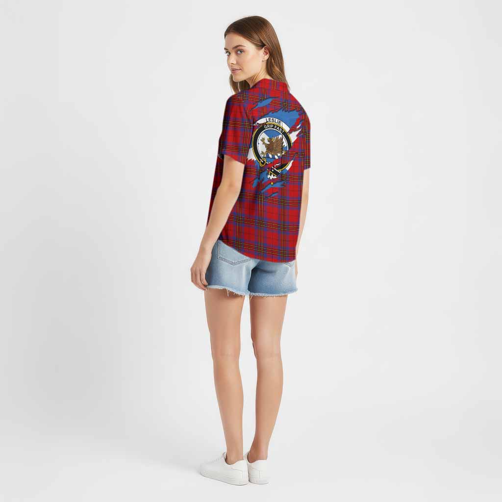Leslie Clan Crest In Me Tartan Cotton Hawaiian Shirt Scotland Flag Style