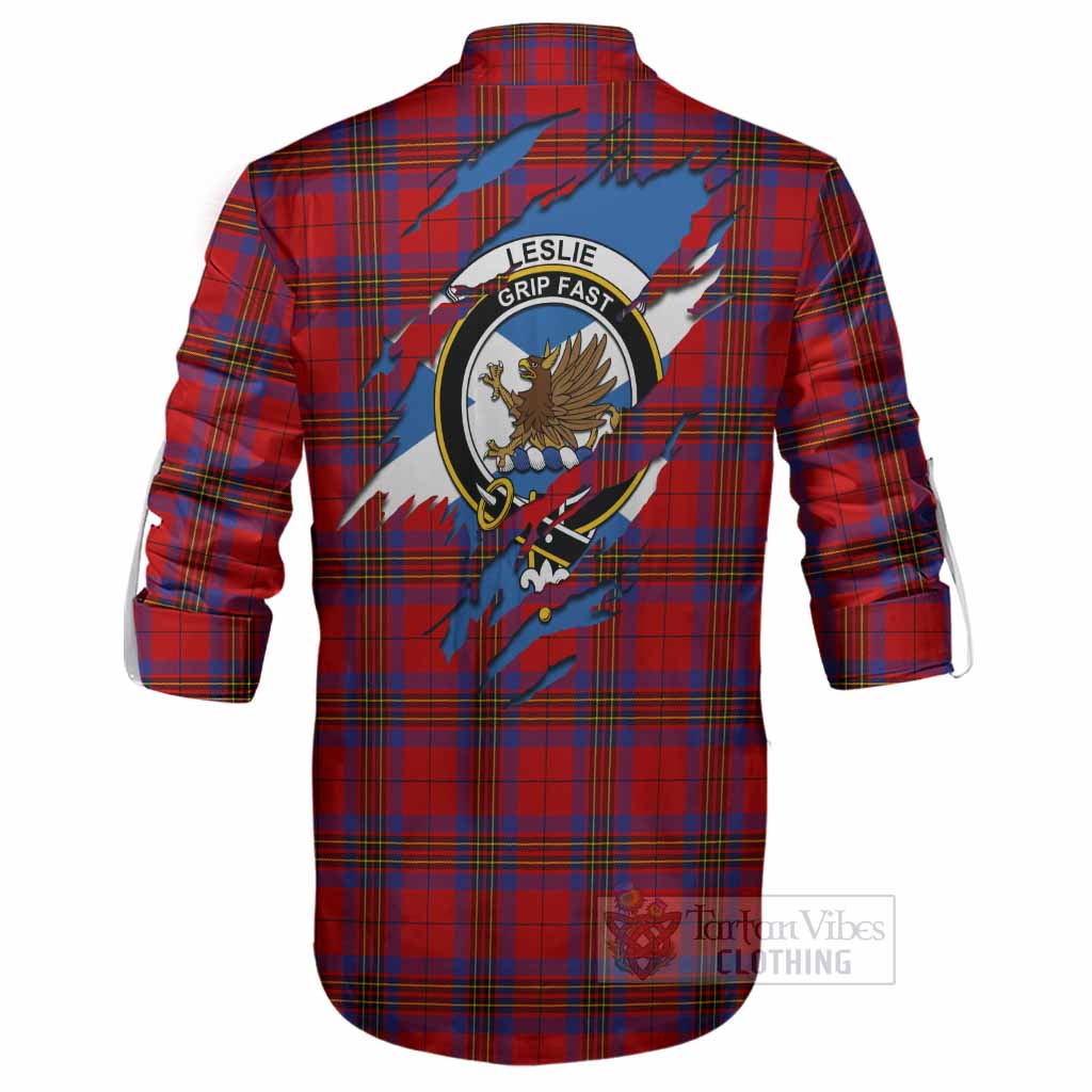 Leslie Clan Crest In Me Tartan Ghillie Shirt Scotland Flag Style