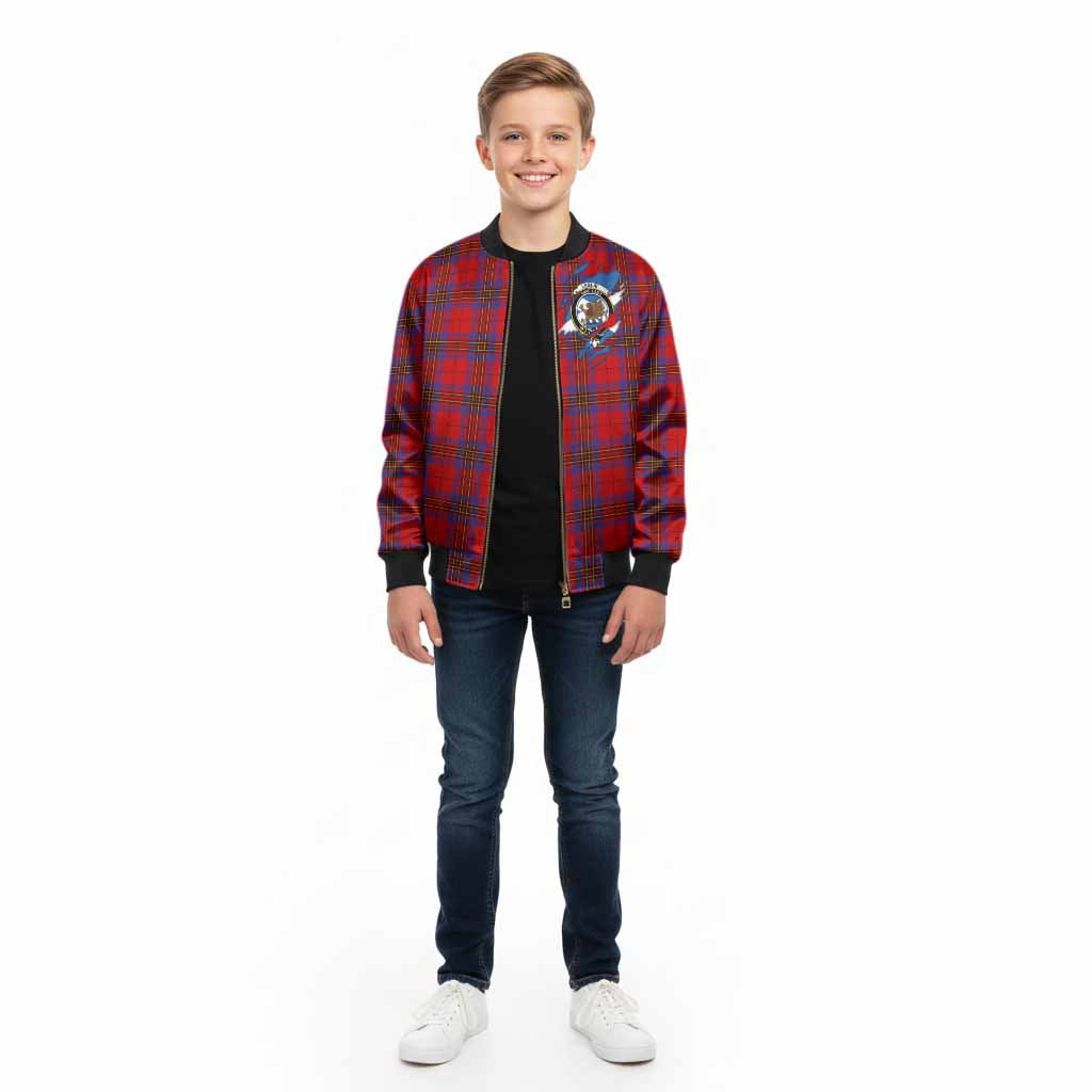 Leslie Clan Crest In Me Tartan Kid Bomber Jacket Scotland Flag Style