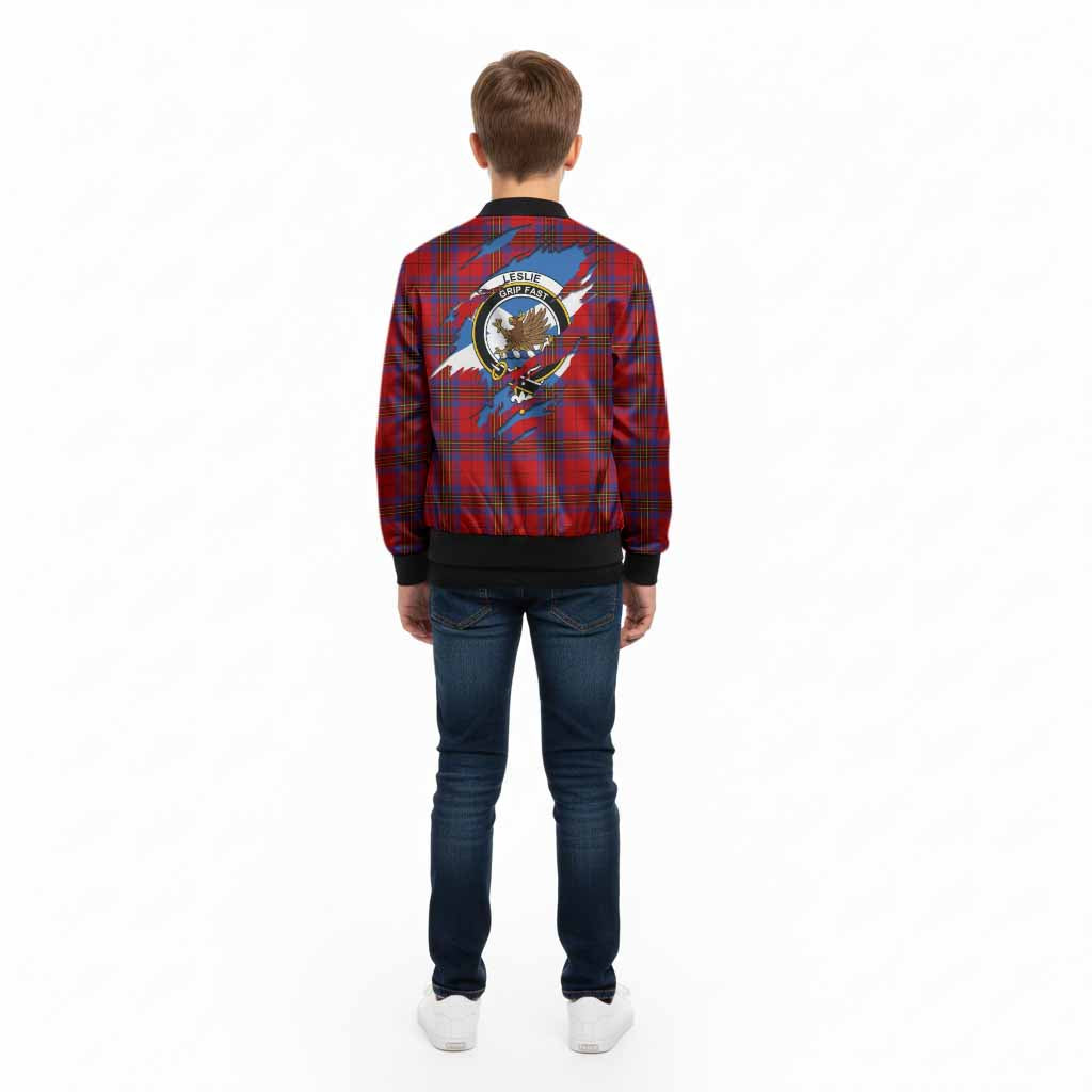 Leslie Clan Crest In Me Tartan Kid Bomber Jacket Scotland Flag Style