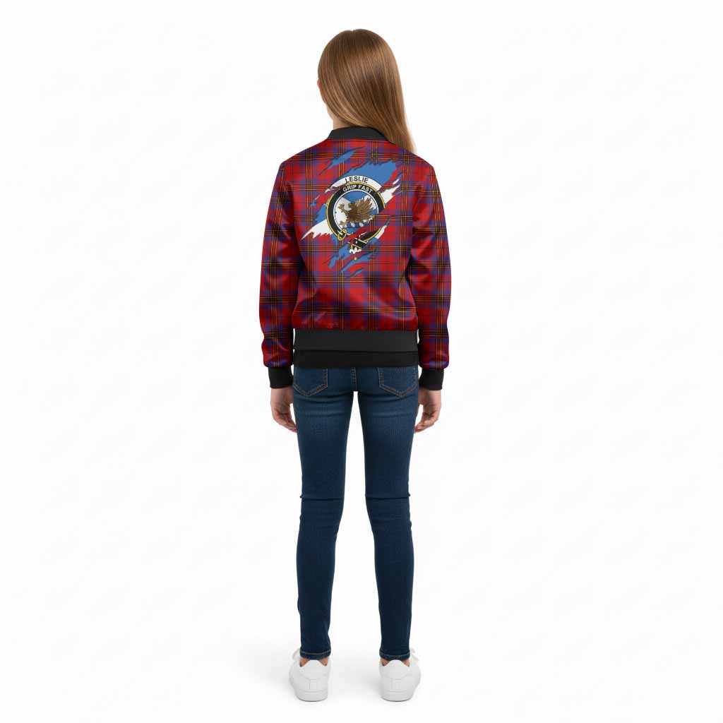 Leslie Clan Crest In Me Tartan Kid Bomber Jacket Scotland Flag Style