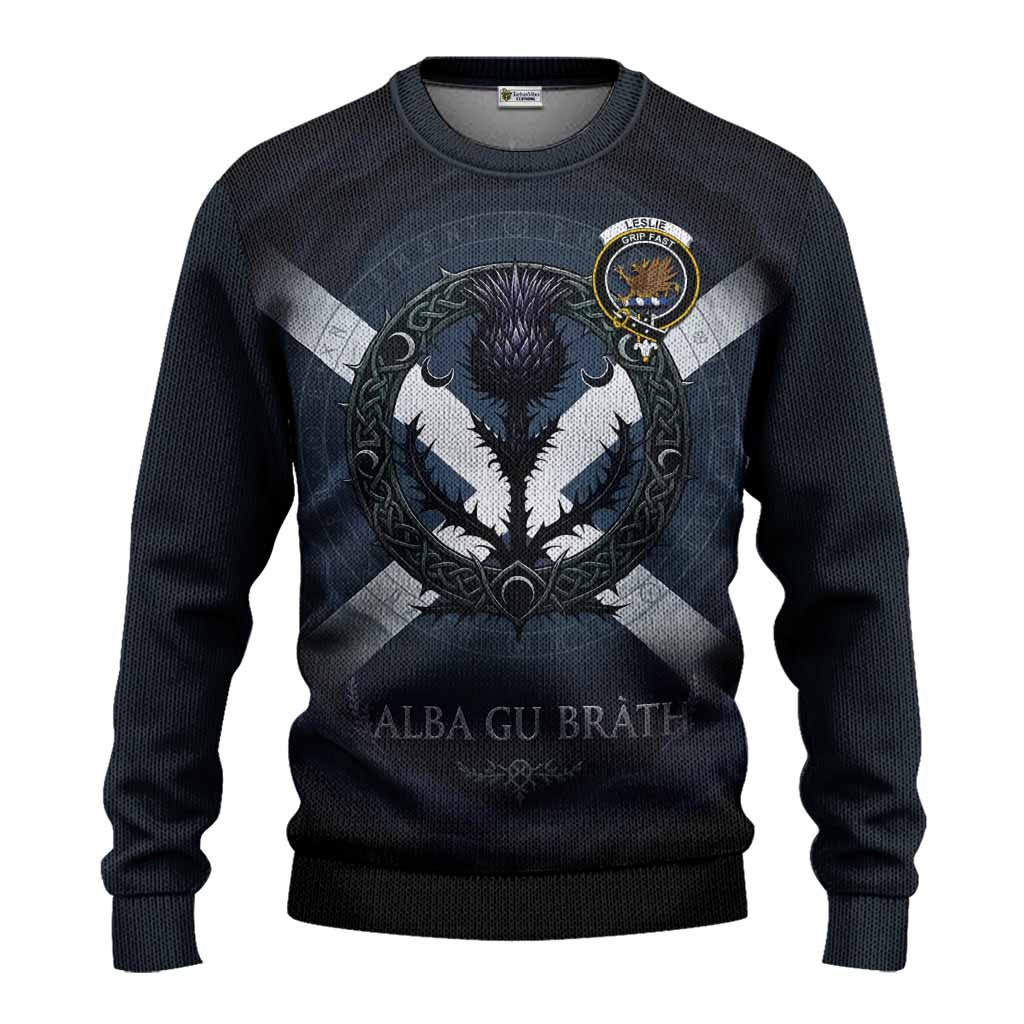 Leslie Clan Crest Knitted Sweater with Celtic Knot Thistle and Saltire