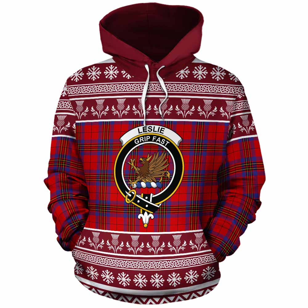 Leslie Clan Tartan Christmas Cotton Hoodie with Family Crest - Tartan Vibes Clothing