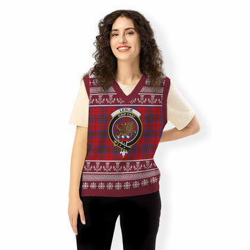Leslie Clan Tartan Christmas Knitted V-Neck Vest with Family Crest