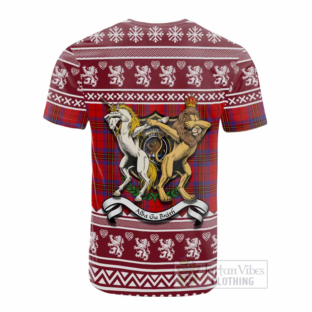 Leslie Clan Tartan Crest Christmas Cotton T-shirt Coat of Arms Funny Style - Tartan Vibes Clothing