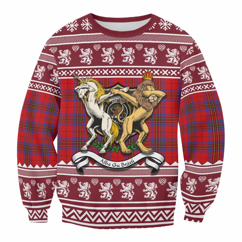 Leslie Clan Tartan Crest Christmas Sweatshirt Coat of Arms Funny Style - Tartan Vibes Clothing