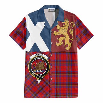 Leslie Crest Tartan Cotton Hawaiian Shirt with Lion Rampant Saltire Style - Tartan Vibes Clothing