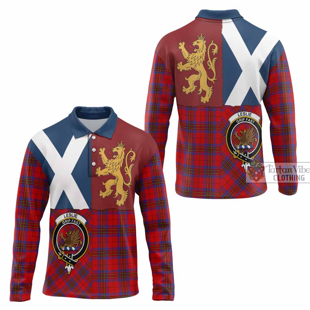 Leslie Crest Tartan Long Sleeve Polo Shirt with Lion Rampant Saltire Style
