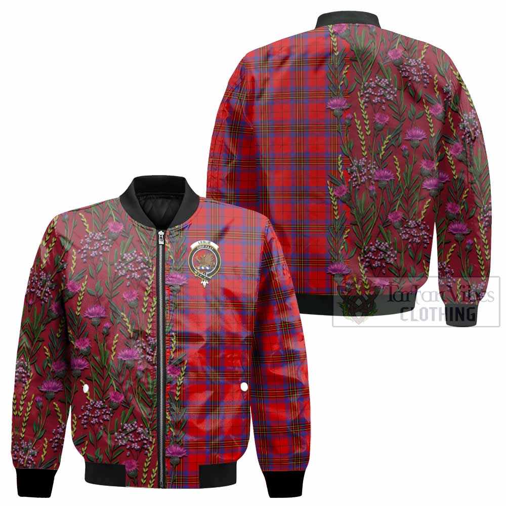 Leslie Family Crest Tartan Bomber Jacket Scottish Thistle Flower Pattern Half Style - Tartan Vibes Clothing