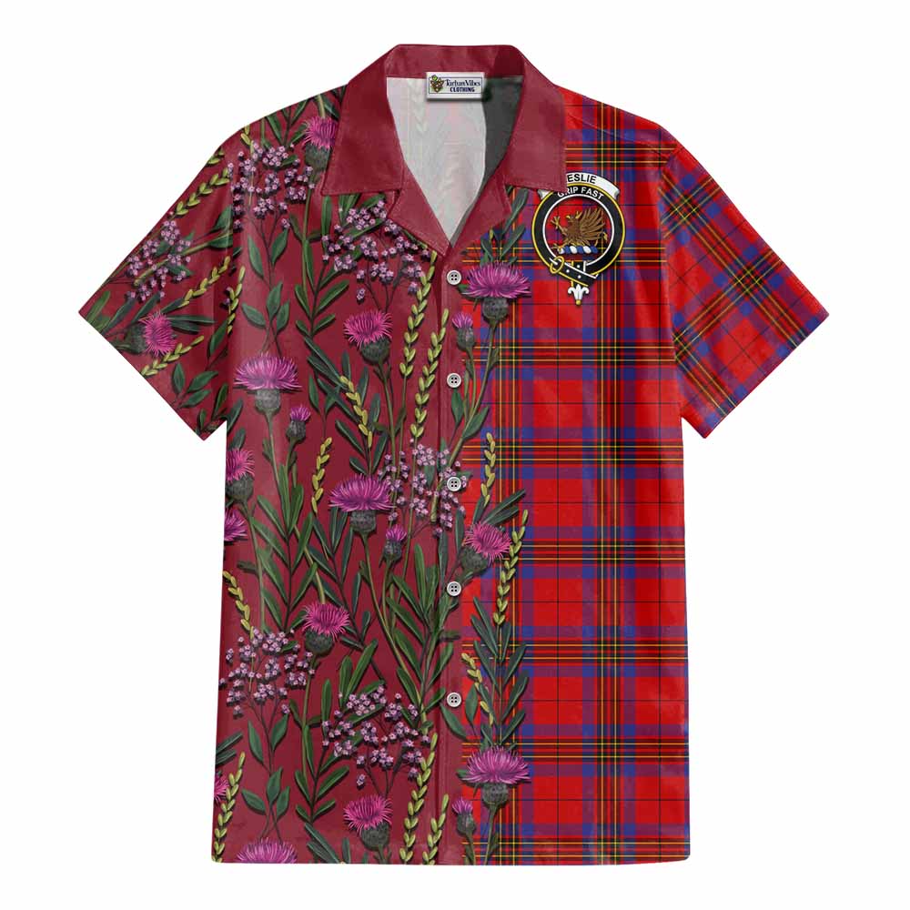 Leslie Family Crest Tartan Cotton Hawaiian Shirt Scottish Thistle Flower Pattern Half Style - Tartan Vibes Clothing