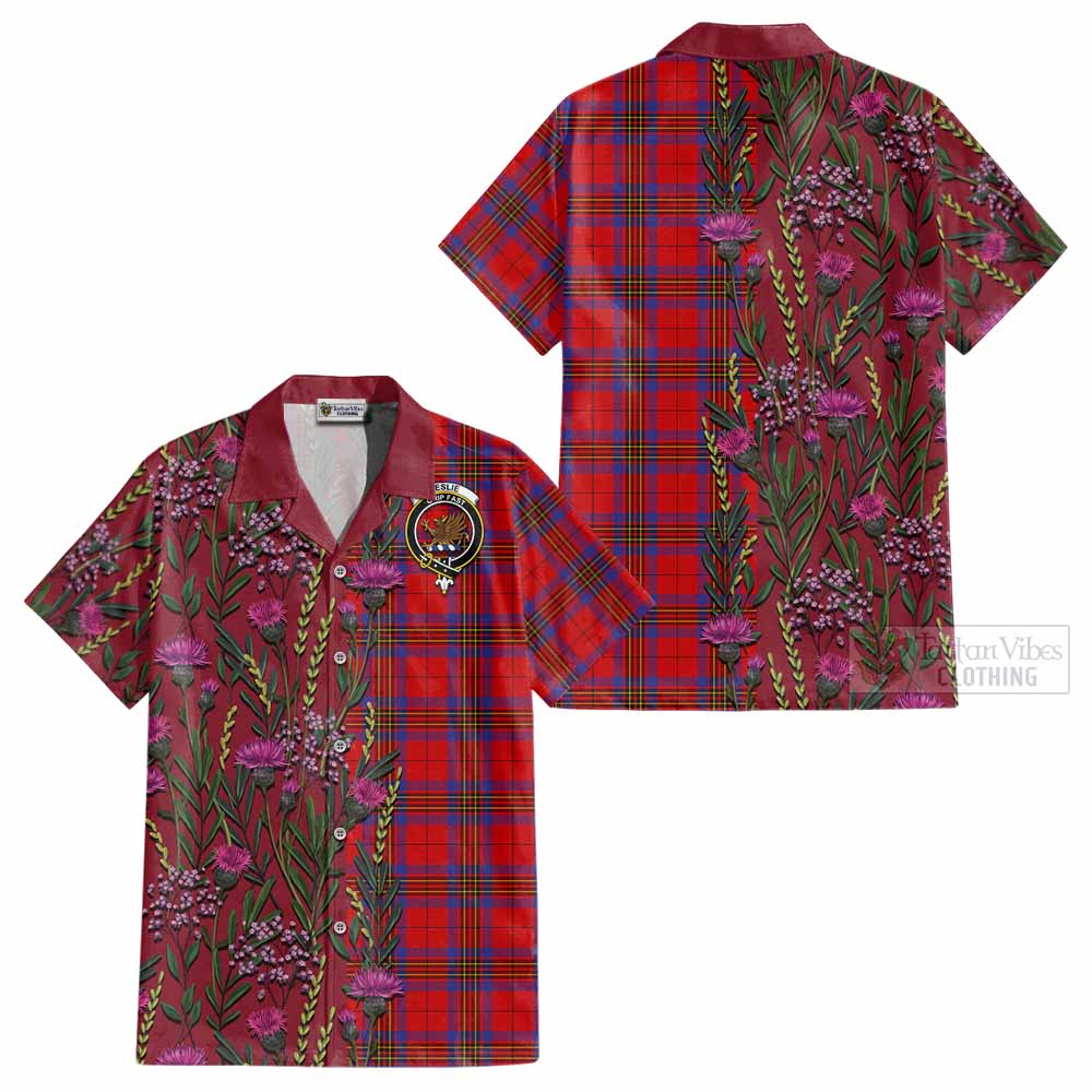 Leslie Family Crest Tartan Cotton Hawaiian Shirt Scottish Thistle Flower Pattern Half Style - Tartan Vibes Clothing