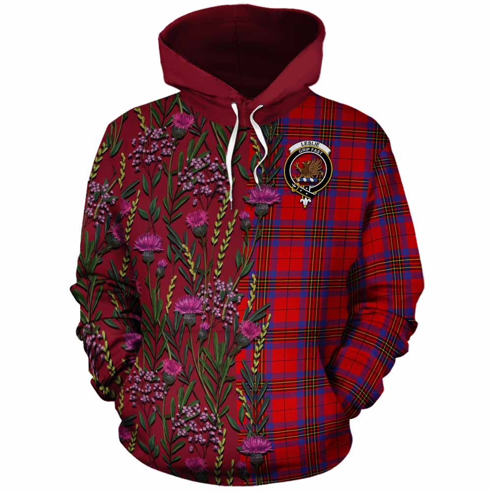 Leslie Family Crest Tartan Cotton Hoodie Scottish Thistle Flower Pattern Half Style - Tartan Vibes Clothing