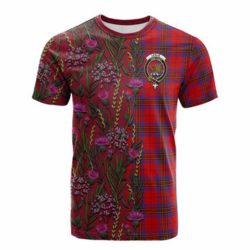 Leslie Family Crest Tartan Cotton T-shirt Scottish Thistle Flower Pattern Half Style