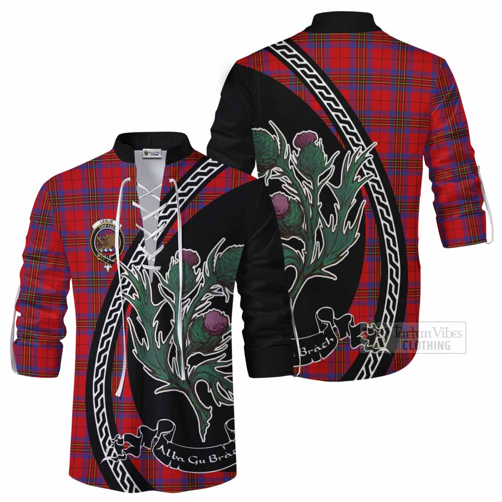 Leslie Family Crest Tartan Ghillie Shirt Alba Thistle Inspired - Tartan Vibes Clothing