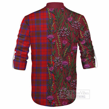 Leslie Family Crest Tartan Ghillie Shirt Scottish Thistle Flower Pattern Half Style