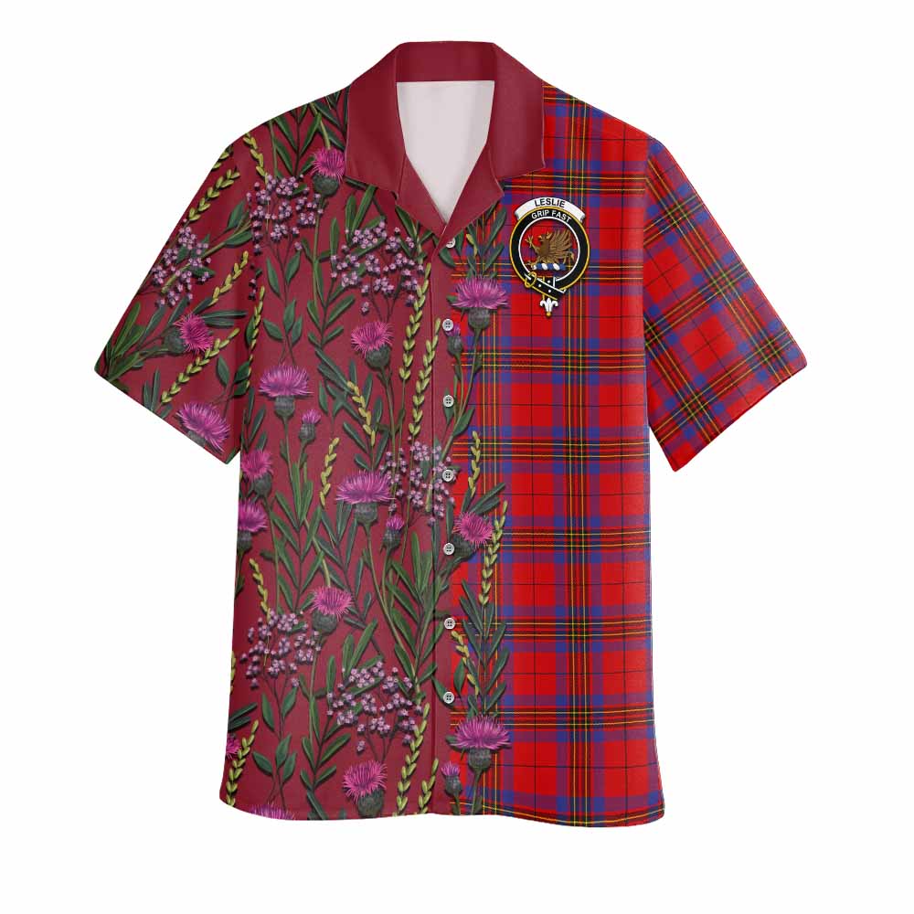 Leslie Family Crest Tartan Hawaiian Shirt Scottish Thistle Flower Pattern Half Style - Tartan Vibes Clothing