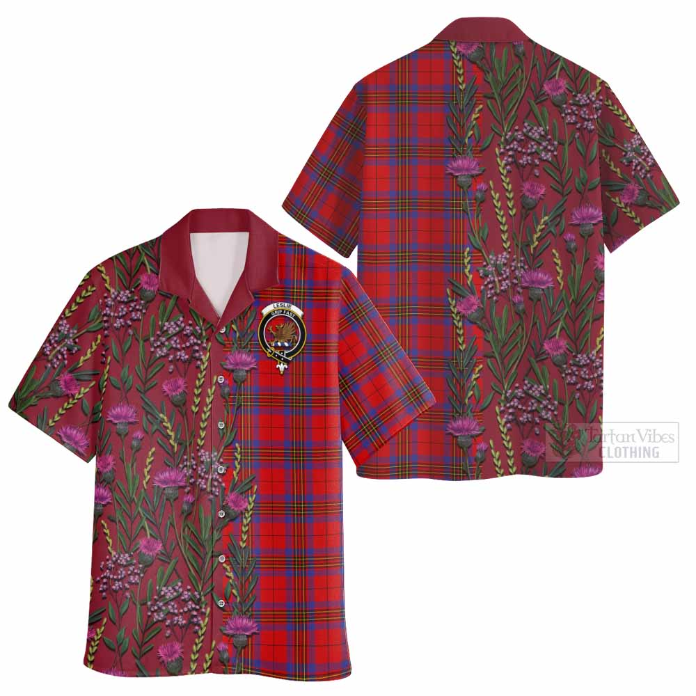 Leslie Family Crest Tartan Hawaiian Shirt Scottish Thistle Flower Pattern Half Style - Tartan Vibes Clothing