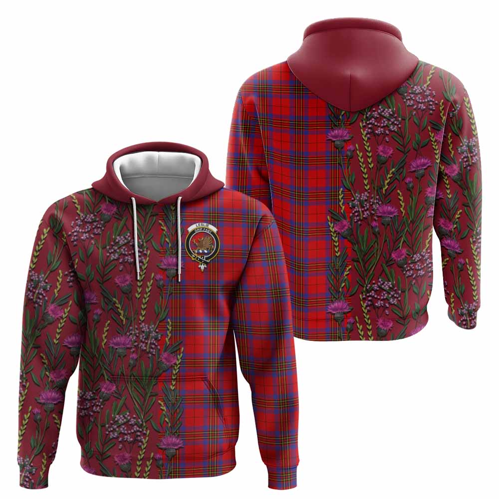 Leslie Family Crest Tartan Hoodie Scottish Thistle Flower Pattern Half Style - Tartan Vibes Clothing