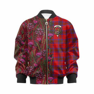 Leslie Family Crest Tartan Kid Bomber Jacket Scottish Thistle Flower Pattern Half Style - Tartan Vibes Clothing