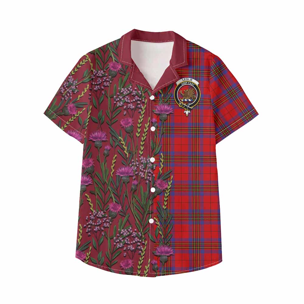 Leslie Family Crest Tartan Kid Hawaiian Shirt Scottish Thistle Flower Pattern Half Style - Tartan Vibes Clothing