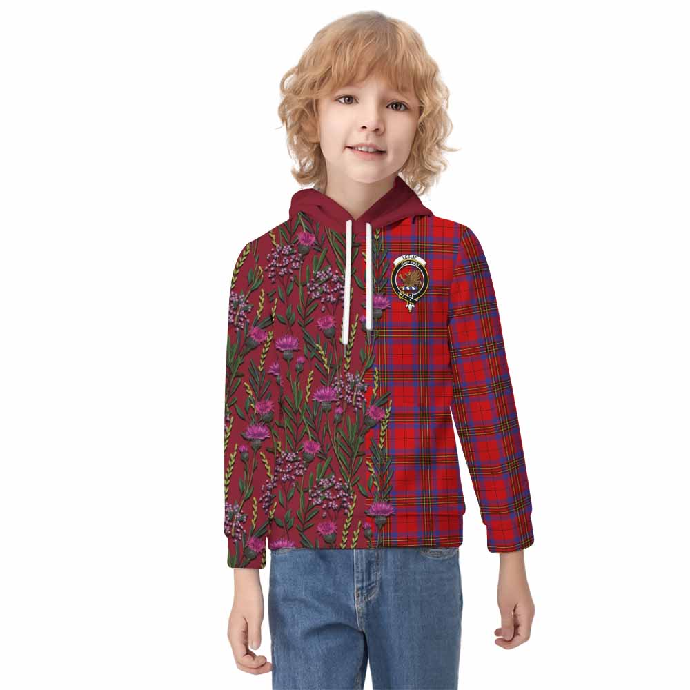 Leslie Family Crest Tartan Kid Hoodie Scottish Thistle Flower Pattern Half Style - Tartan Vibes Clothing