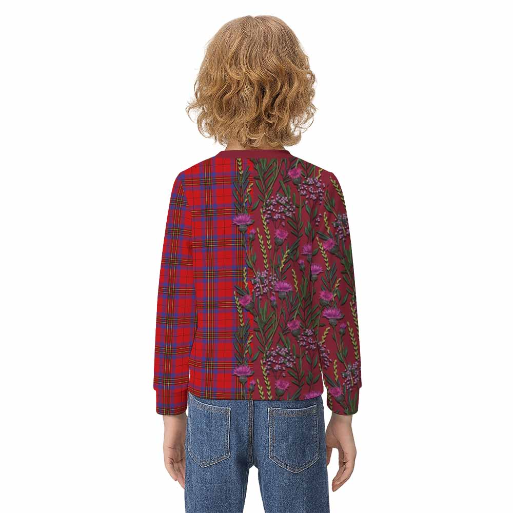 Leslie Family Crest Tartan Kid Knitted Sweatshirt Scottish Thistle Flower Pattern Half Style - Tartan Vibes Clothing