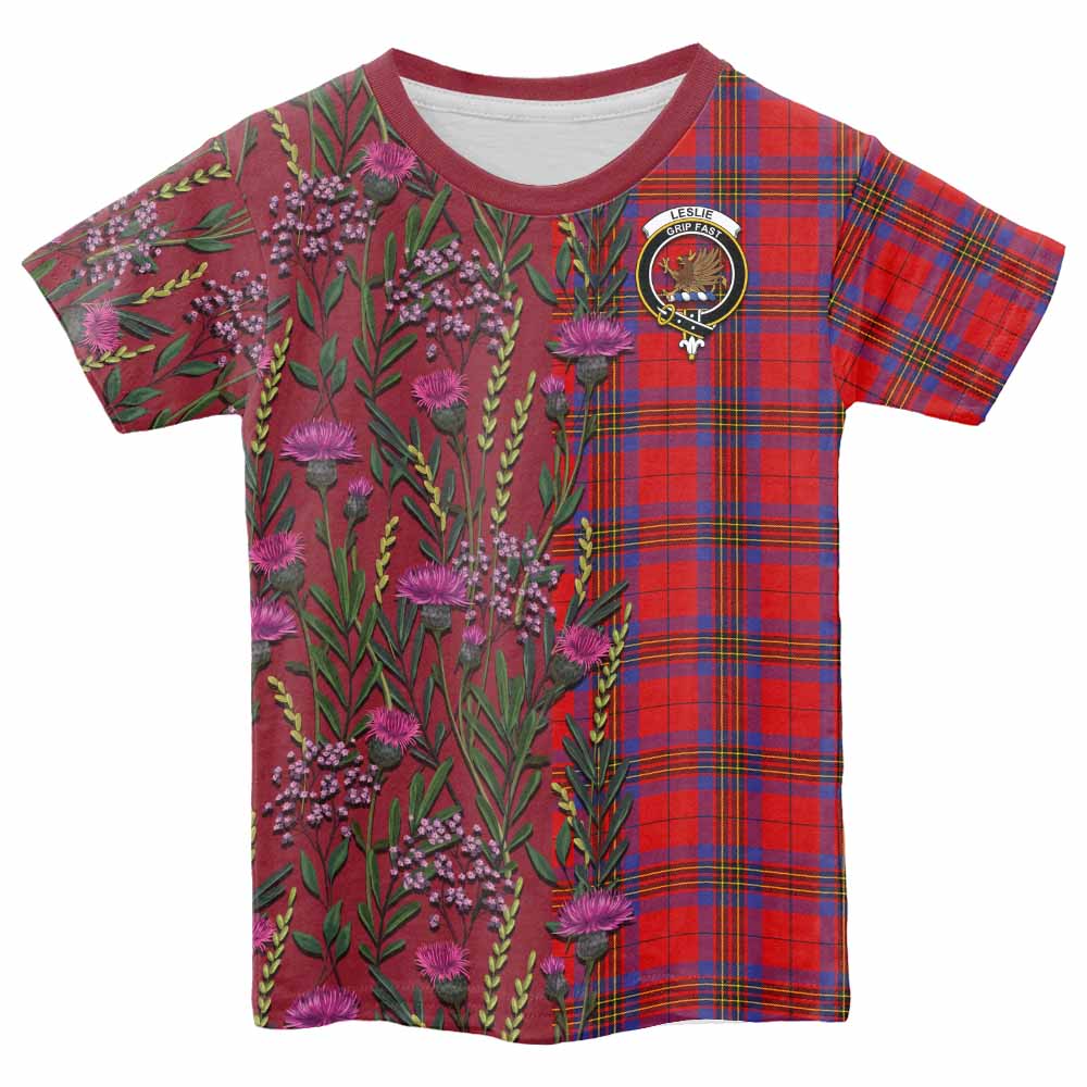Leslie Family Crest Tartan Kid T-shirt Scottish Thistle Flower Pattern Half Style - Tartan Vibes Clothing