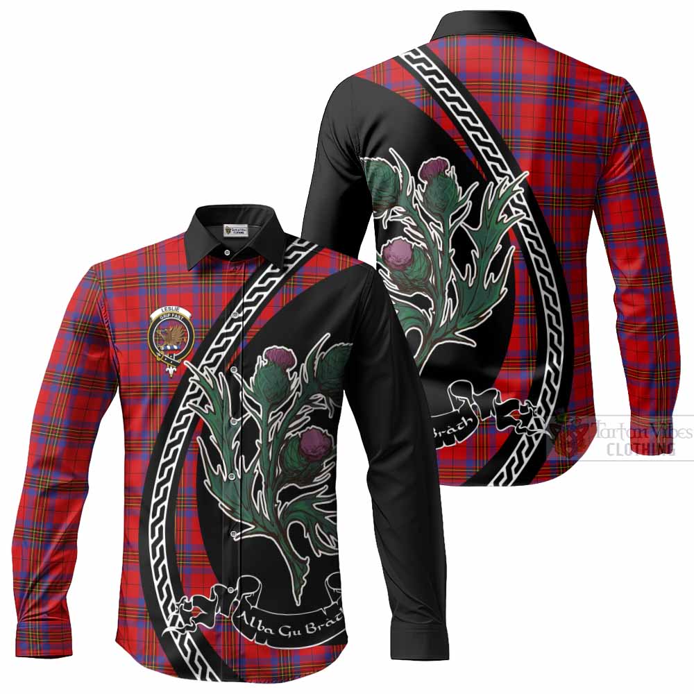 Leslie Family Crest Tartan Long Sleeve Button Shirts Alba Thistle Inspired - Tartan Vibes Clothing