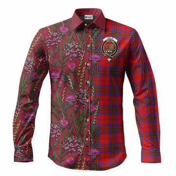 Leslie Family Crest Tartan Long Sleeve Button Shirts Scottish Thistle Flower Pattern Half Style