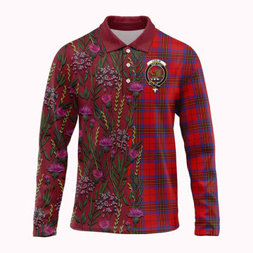 Leslie Family Crest Tartan Long Sleeve Polo Shirt Scottish Thistle Flower Pattern Half Style - Tartan Vibes Clothing