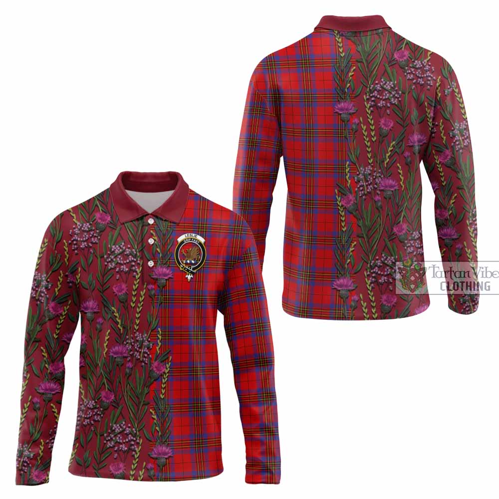 Leslie Family Crest Tartan Long Sleeve Polo Shirt Scottish Thistle Flower Pattern Half Style - Tartan Vibes Clothing