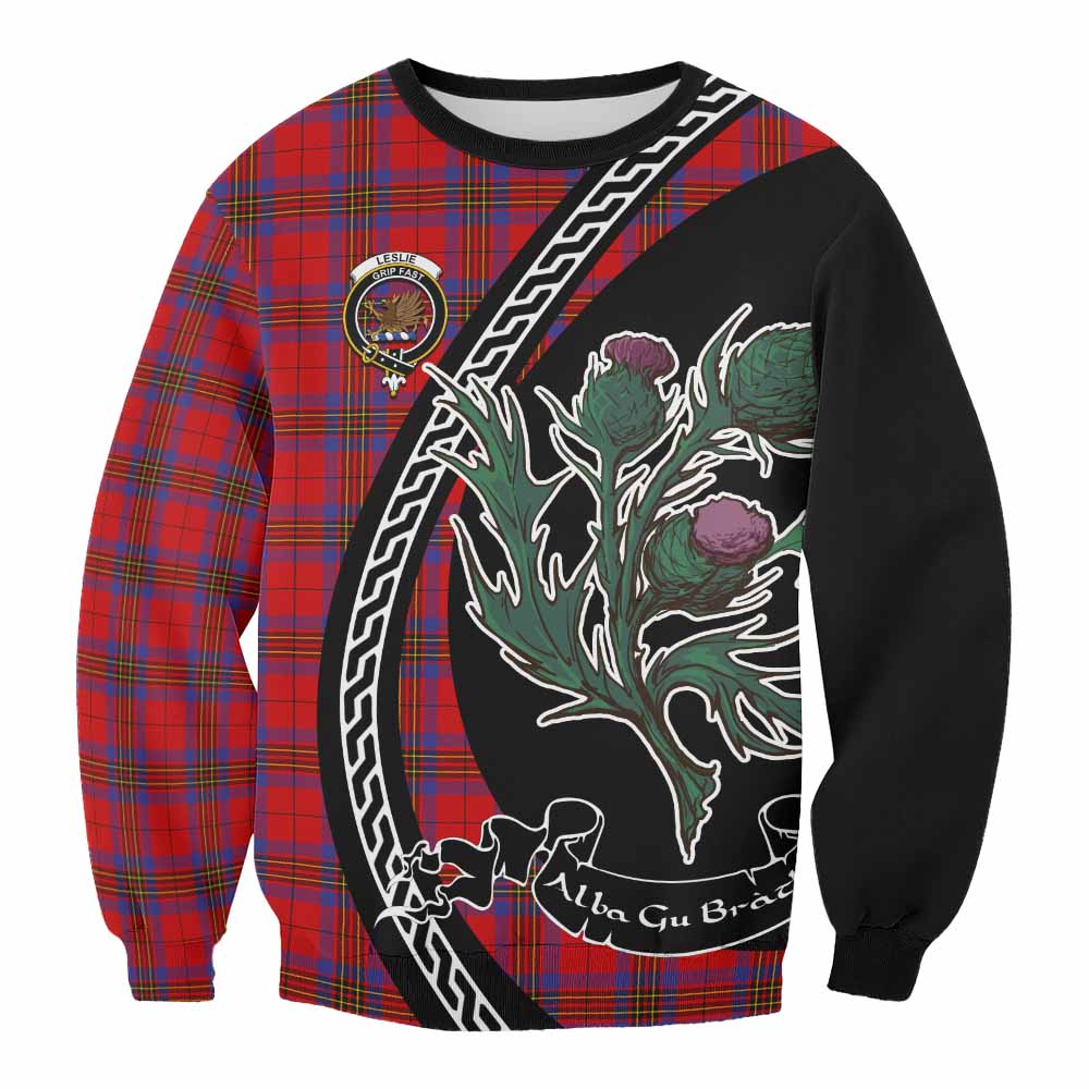 Leslie Family Crest Tartan Sweatshirt Alba Thistle Inspired - Tartan Vibes Clothing