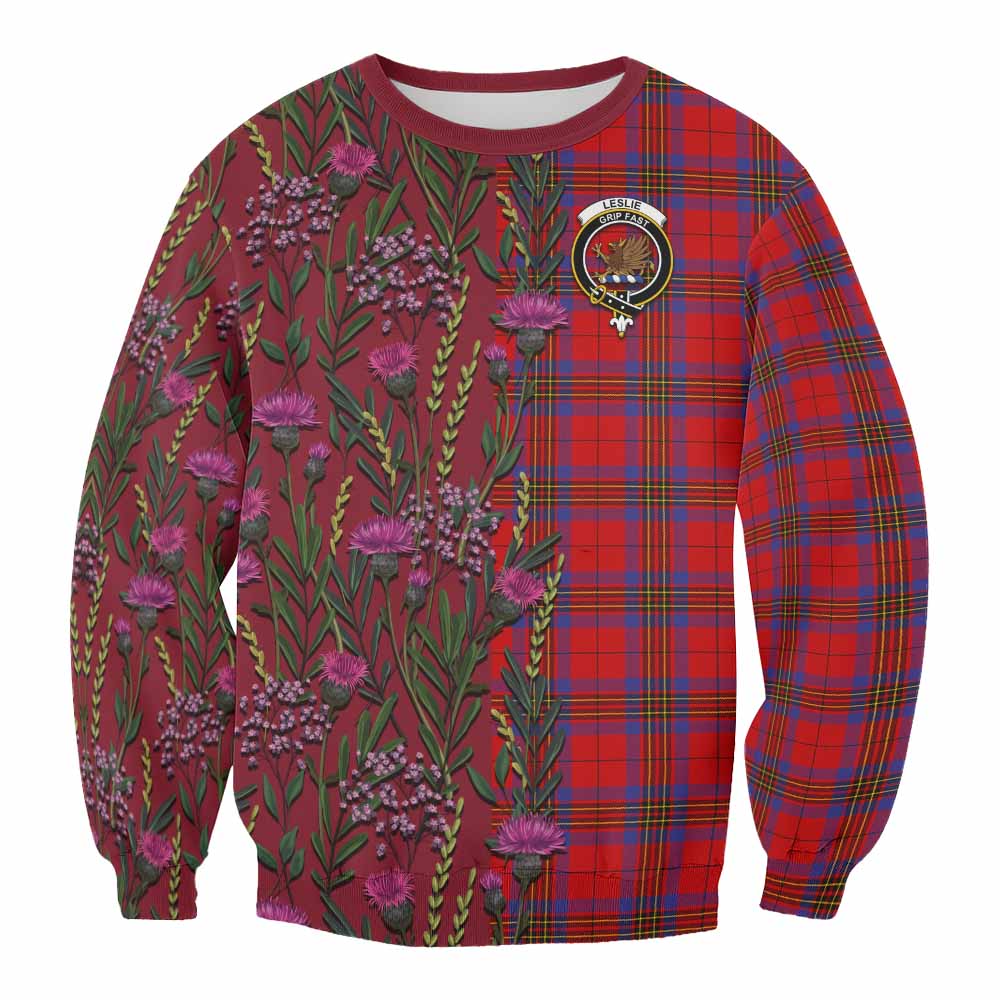 Leslie Family Crest Tartan Sweatshirt Scottish Thistle Flower Pattern Half Style - Tartan Vibes Clothing
