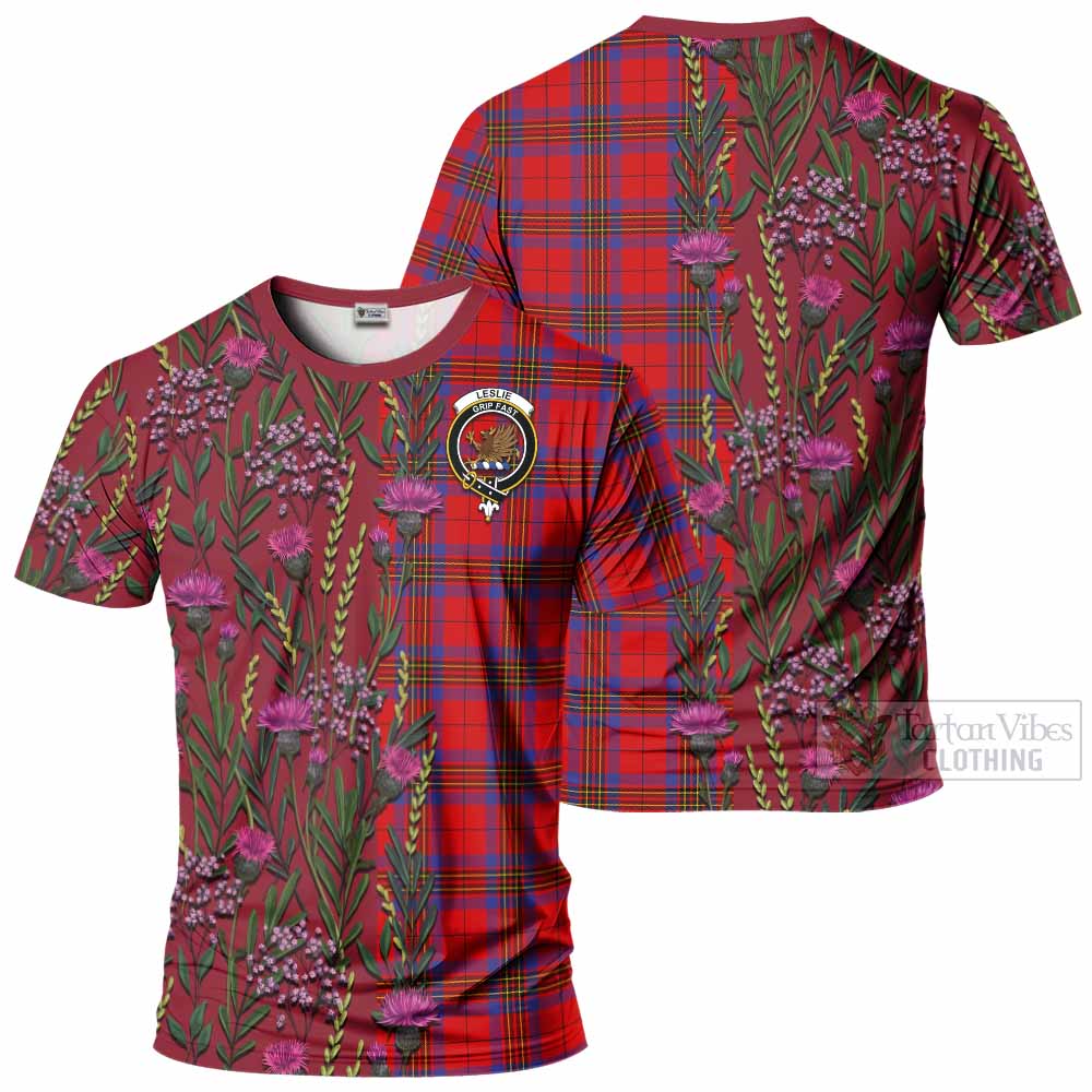 Leslie Family Crest Tartan T-Shirt Scottish Thistle Flower Pattern Half Style - Tartan Vibes Clothing