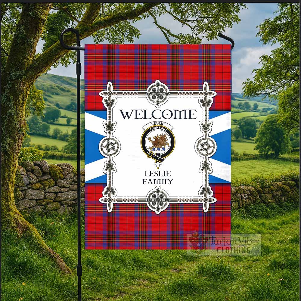 Leslie Family Crest Tartan Welcome Garden Flag Saltire Harmony Style - Tartan Vibes Clothing