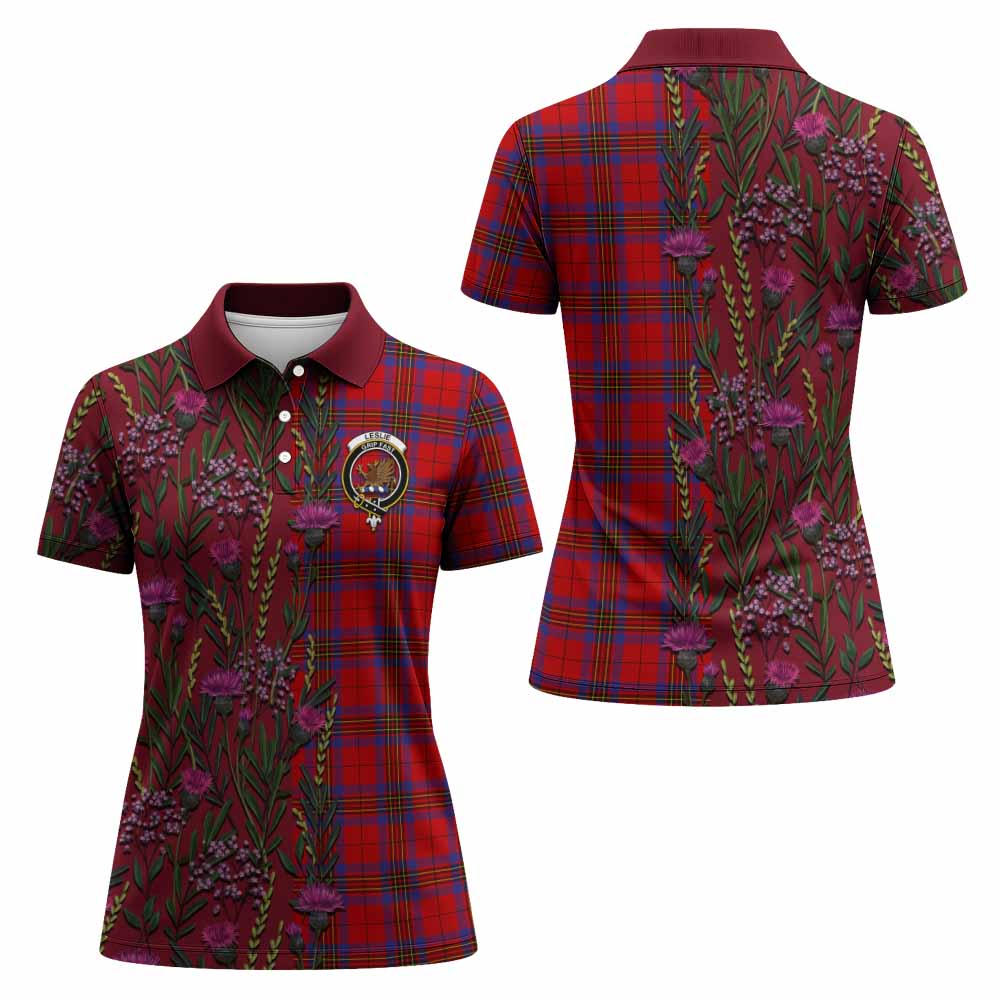 Leslie Family Crest Tartan Women Polo Shirt Scottish Thistle Flower Pattern Half Style - Tartan Vibes Clothing