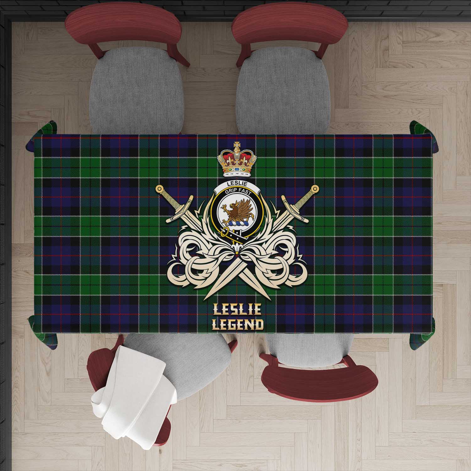 Tartan Vibes Clothing Leslie Hunting Tartan Tablecloth with Clan Crest and the Golden Sword of Courageous Legacy