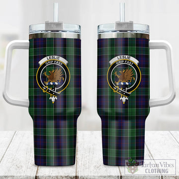 Leslie Hunting Tartan and Family Crest Tumbler with Handle