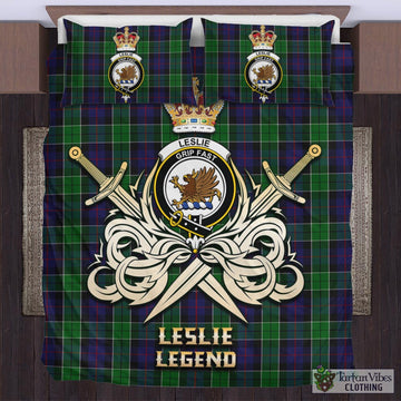 Leslie Hunting Tartan Bedding Set with Clan Crest and the Golden Sword of Courageous Legacy