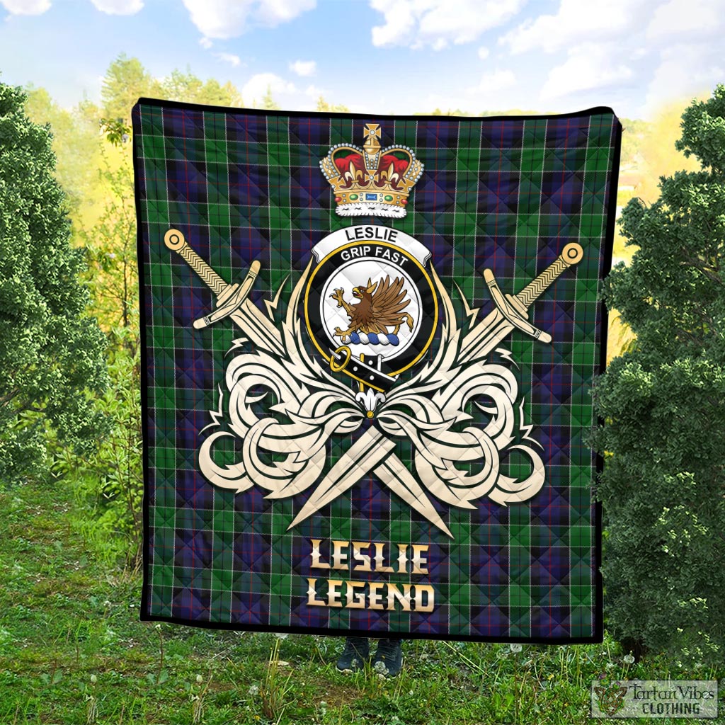 Tartan Vibes Clothing Leslie Hunting Tartan Quilt with Clan Crest and the Golden Sword of Courageous Legacy