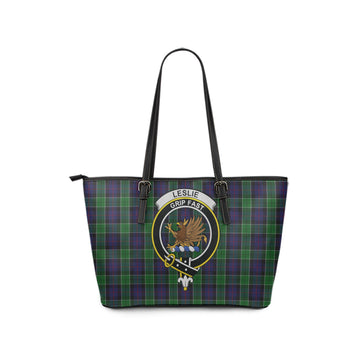 Leslie Hunting Tartan Leather Tote Bag with Family Crest