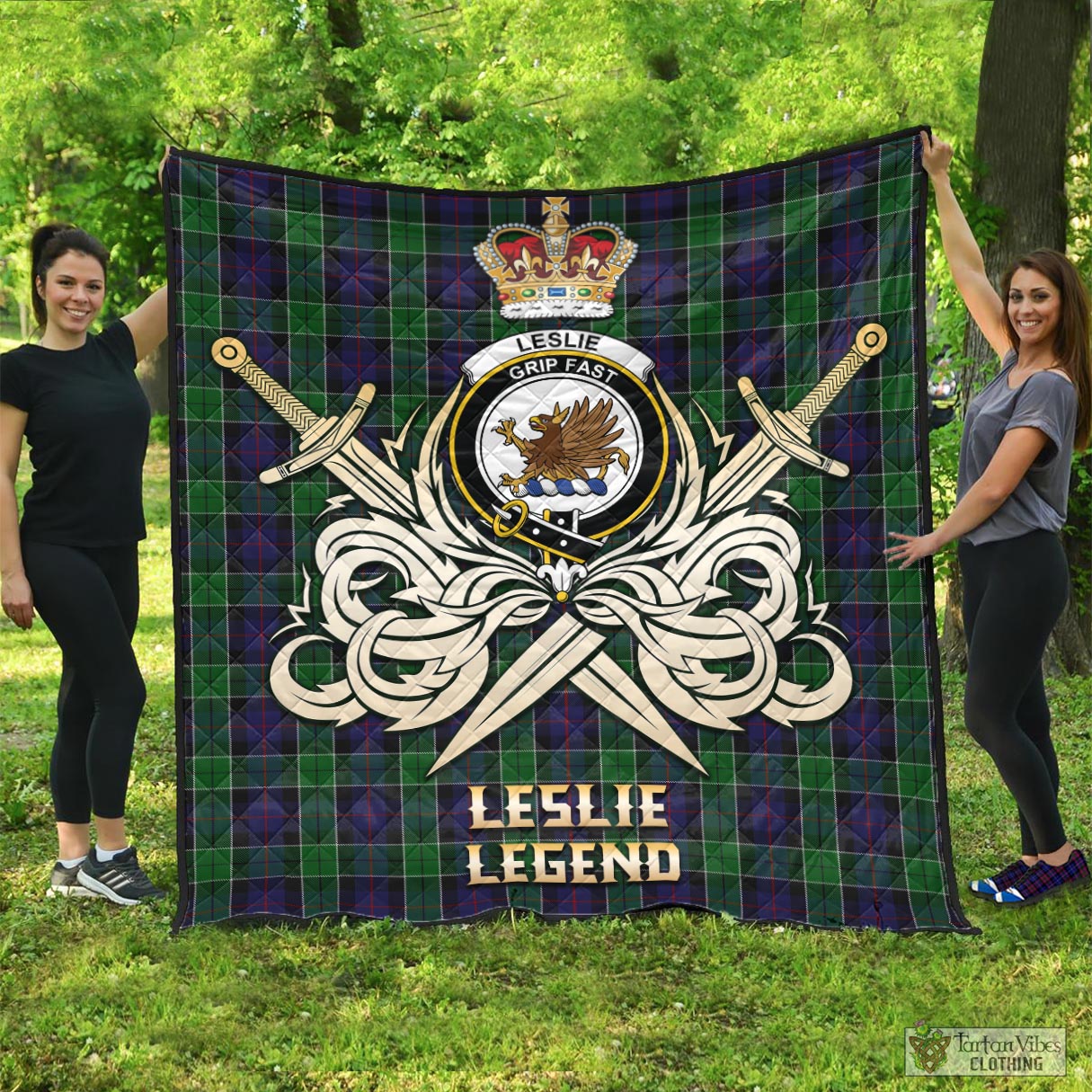 Tartan Vibes Clothing Leslie Hunting Tartan Quilt with Clan Crest and the Golden Sword of Courageous Legacy