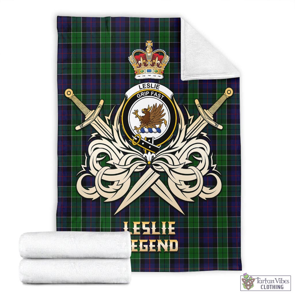 Tartan Vibes Clothing Leslie Hunting Tartan Blanket with Clan Crest and the Golden Sword of Courageous Legacy