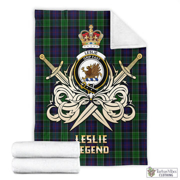 Leslie Hunting Tartan Blanket with Clan Crest and the Golden Sword of Courageous Legacy