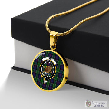 Leslie Hunting Tartan Circle Necklace with Family Crest