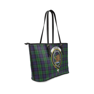 Leslie Hunting Tartan Leather Tote Bag with Family Crest