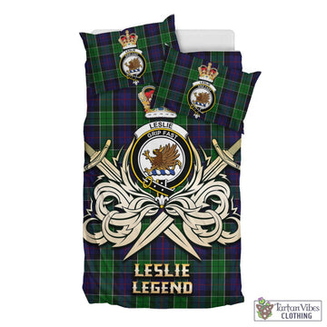 Leslie Hunting Tartan Bedding Set with Clan Crest and the Golden Sword of Courageous Legacy