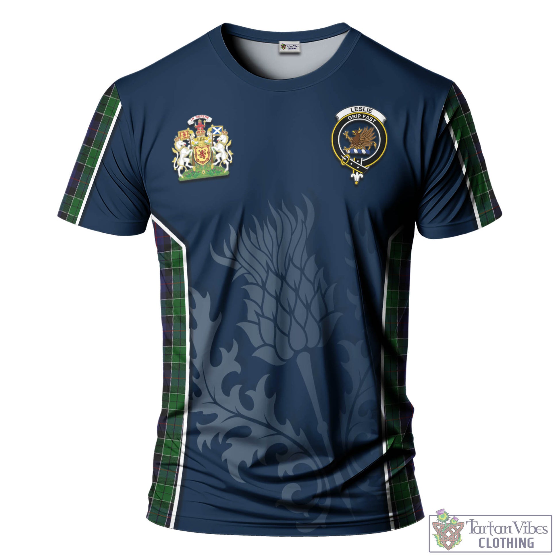 Tartan Vibes Clothing Leslie Hunting Tartan T-Shirt with Family Crest and Scottish Thistle Vibes Sport Style